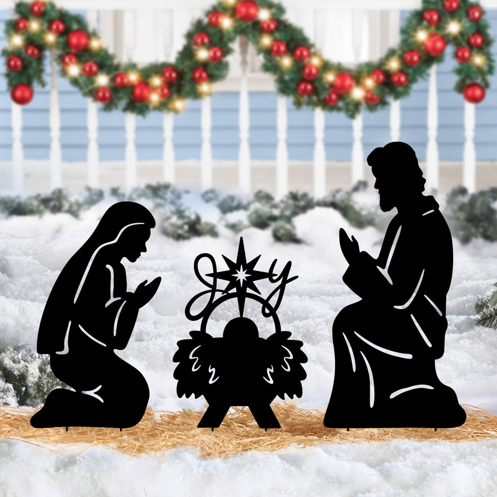 YY Gardenia front view of three metal nativity silhouettes, adds serene curb appeal