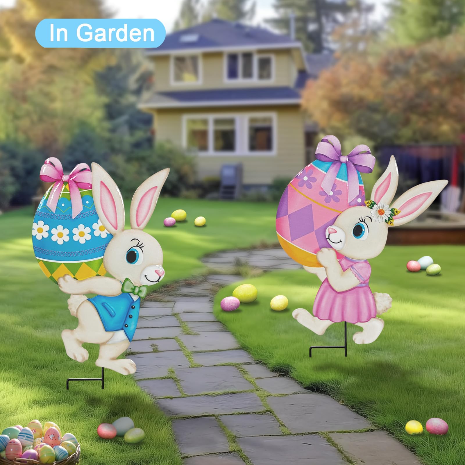 YY Gardenia garden stakes placed in flowerbed adding seasonal Easter charm outdoors