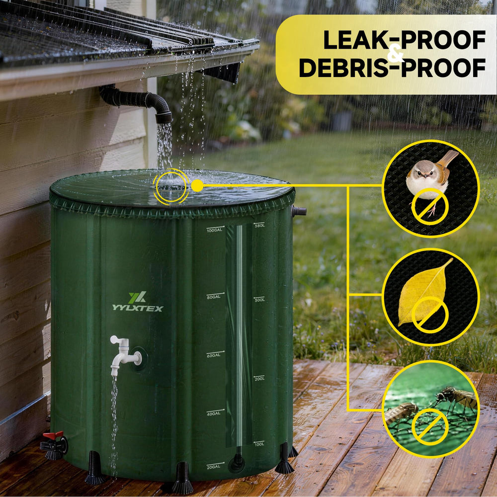 YYLXTEX barrel in garden collecting rainwater for plant irrigation