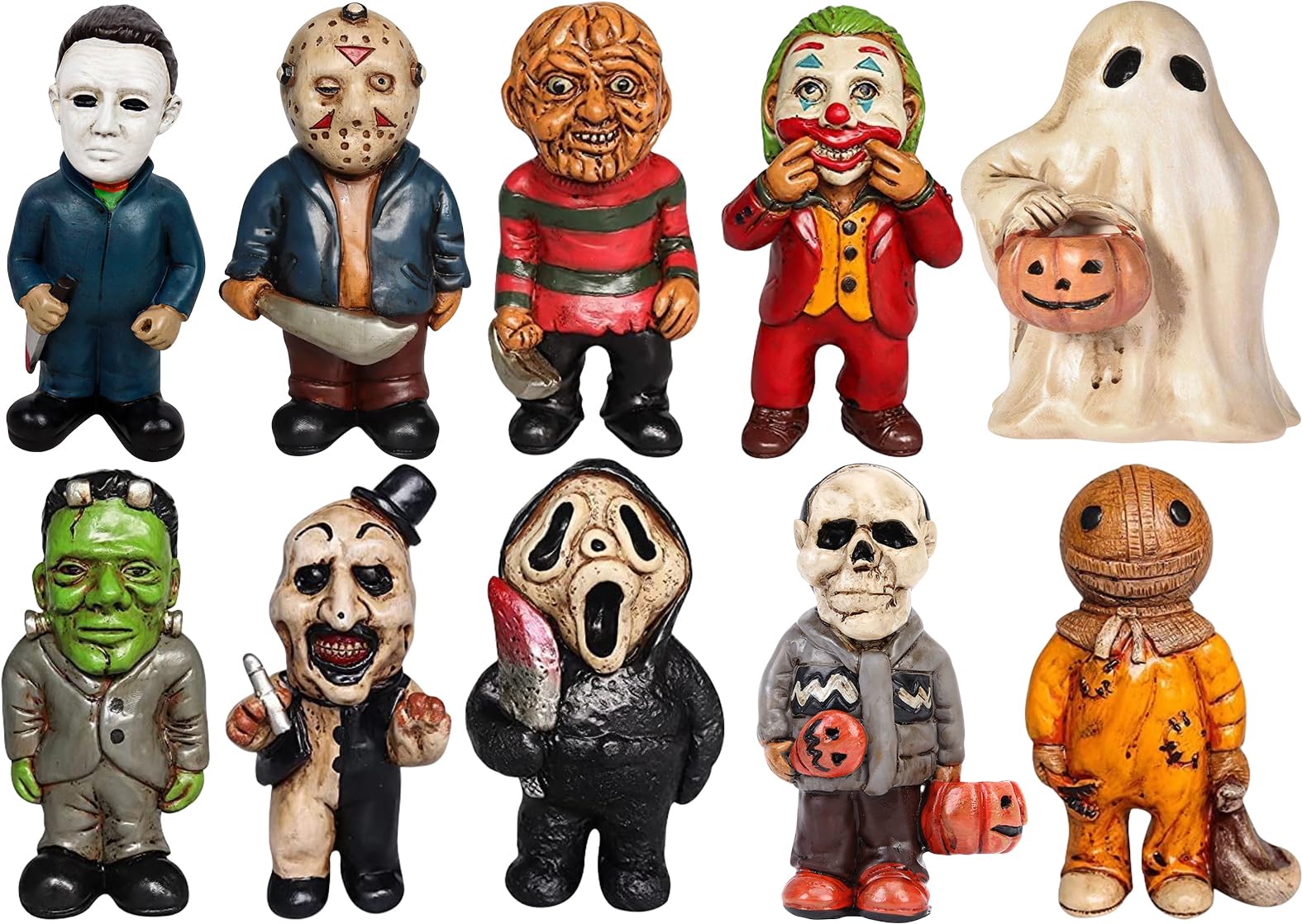 YYPLIAN front view of ten horror gnome figurines showing variety and spooky charm