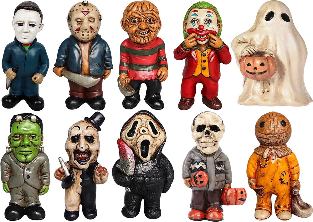 YYPLIAN front view of ten horror gnome figurines showing variety and spooky charm