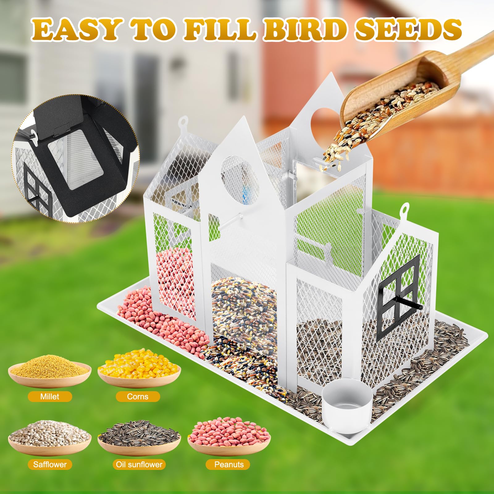 YYWMWM feeder hanging in garden attracting wild birds and enhancing outdoor ambiance