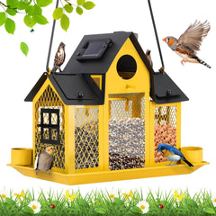 YYWMWM front hanging view showing yellow feeder and clear seed window benefit of easy monitoring