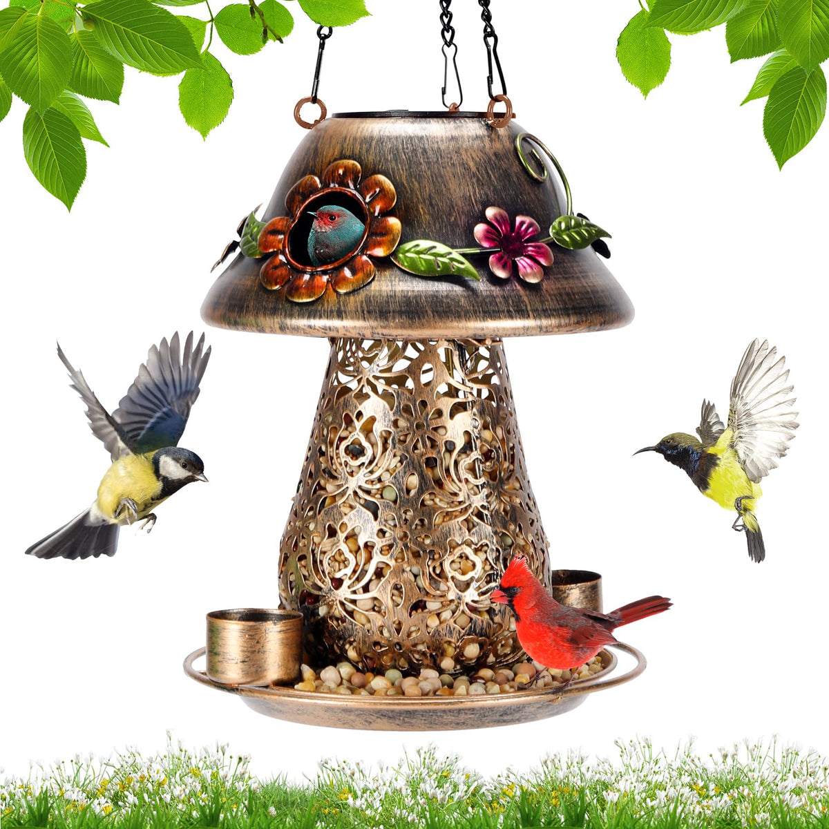 YYWMWM mushroom feeder front view showing decorative cap and hanging hook benefiting garden decor