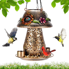 YYWMWM mushroom feeder front view showing decorative cap and hanging hook benefiting garden decor