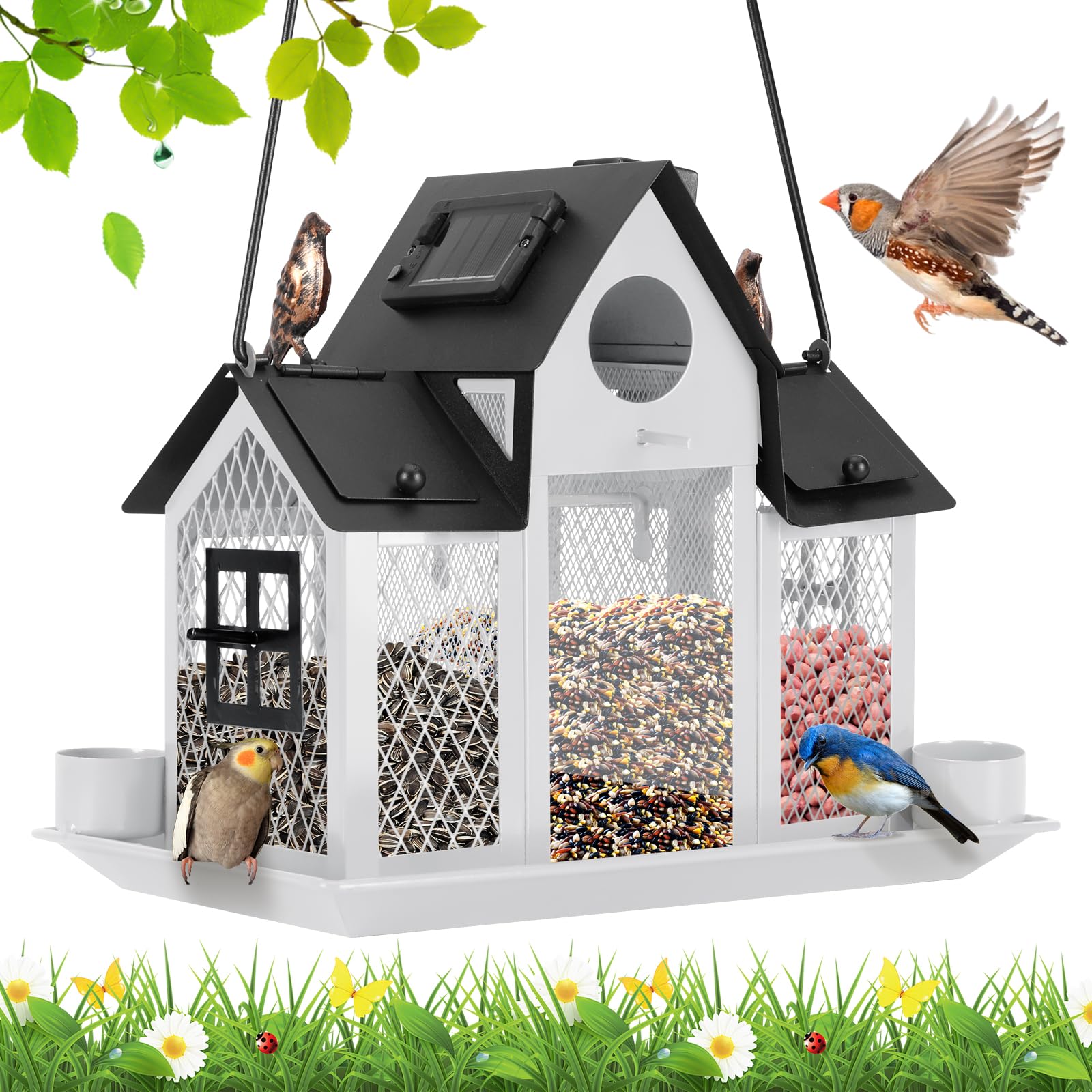 YYWMWM white hanging feeder front view showing durable metal build and decorative cutouts