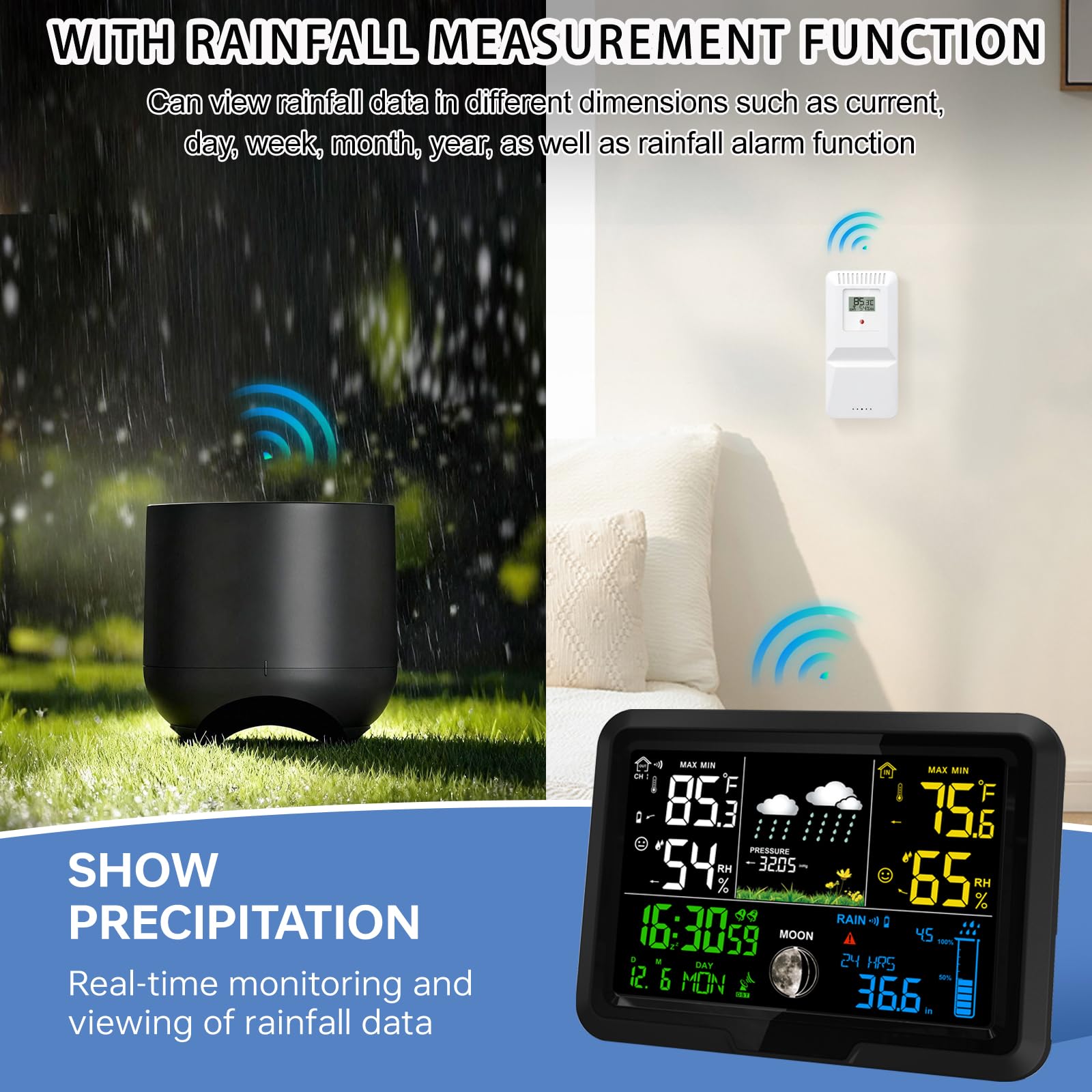YZDTECH rain gauge closeup showing tipping bucket mechanism for low-maintenance measurement