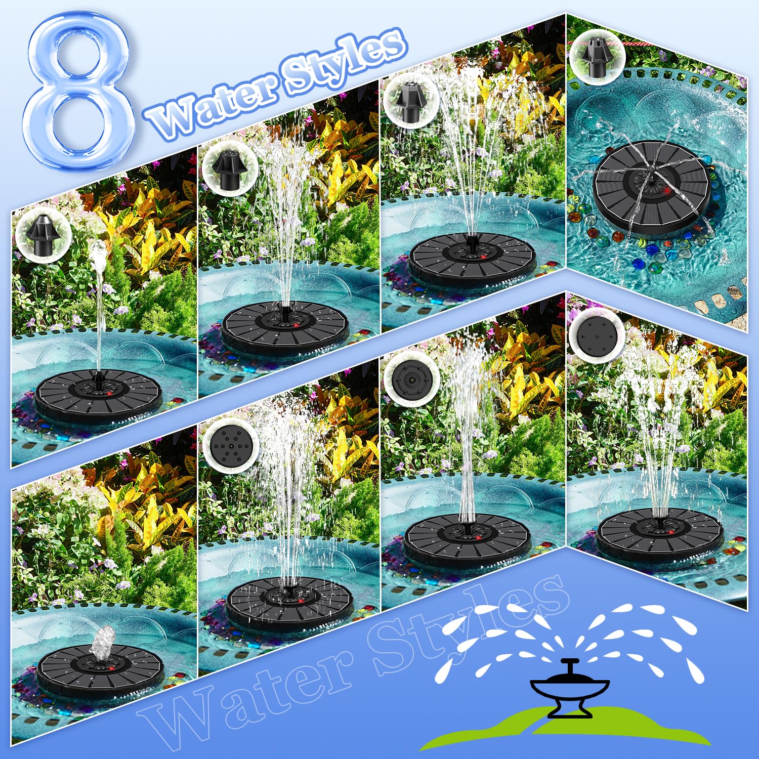 Yzert fountain in birdbath creating lively water movement benefit