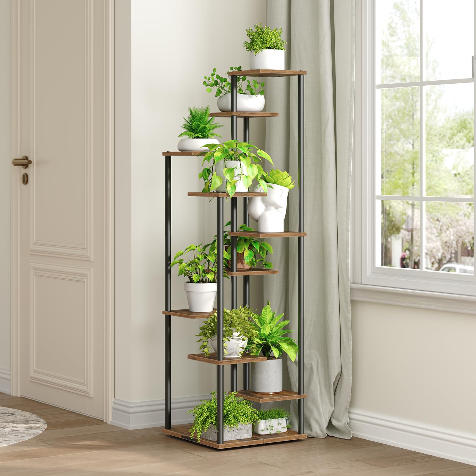 Yzosvki shelf staged with plants in living room to boost decor and greenery