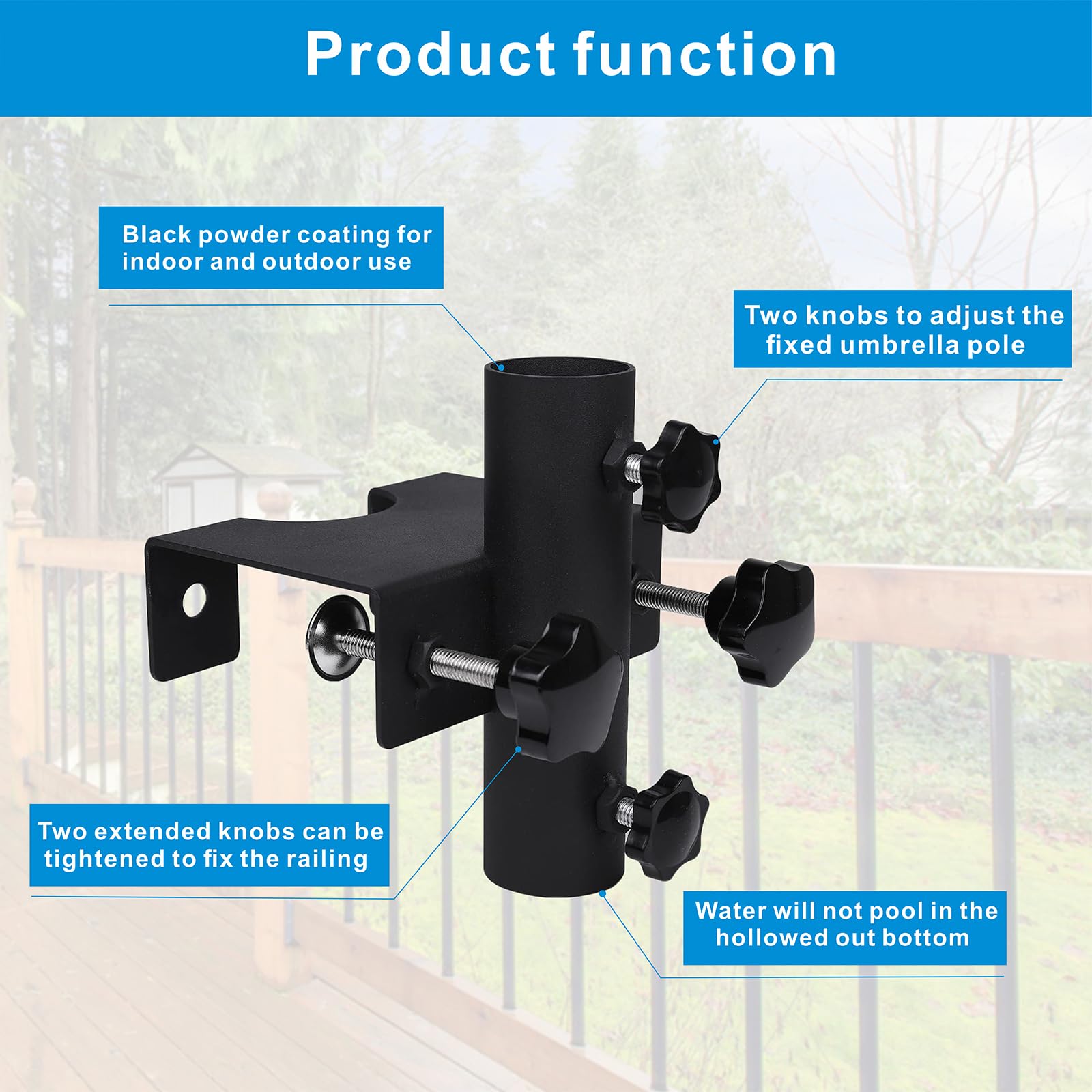 YZZHAJ pole insert detail showing compatible 0.8–1.5 inch pole support