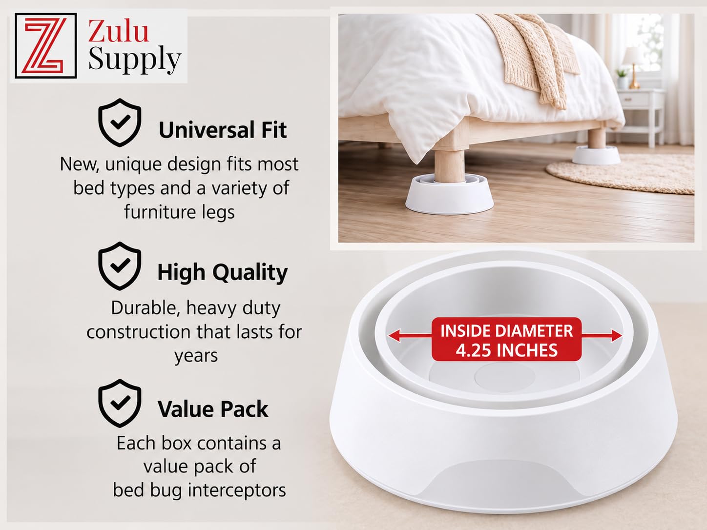 Z Zulu Supply interceptor placed under bed leg demonstrating discreet continuous detection