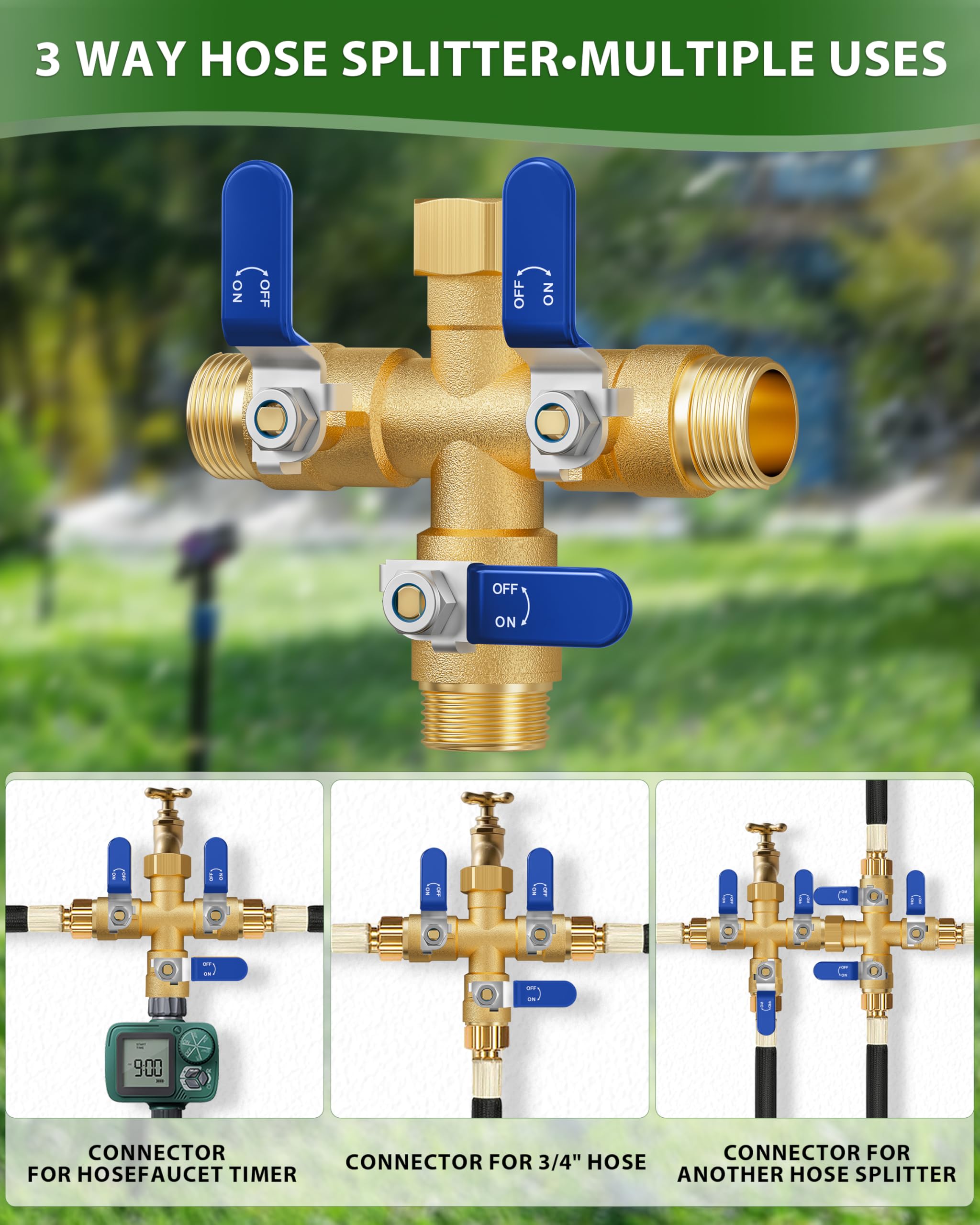 ZaakWang faucet-mounted splitter in garden showing in-use benefit simultaneous watering