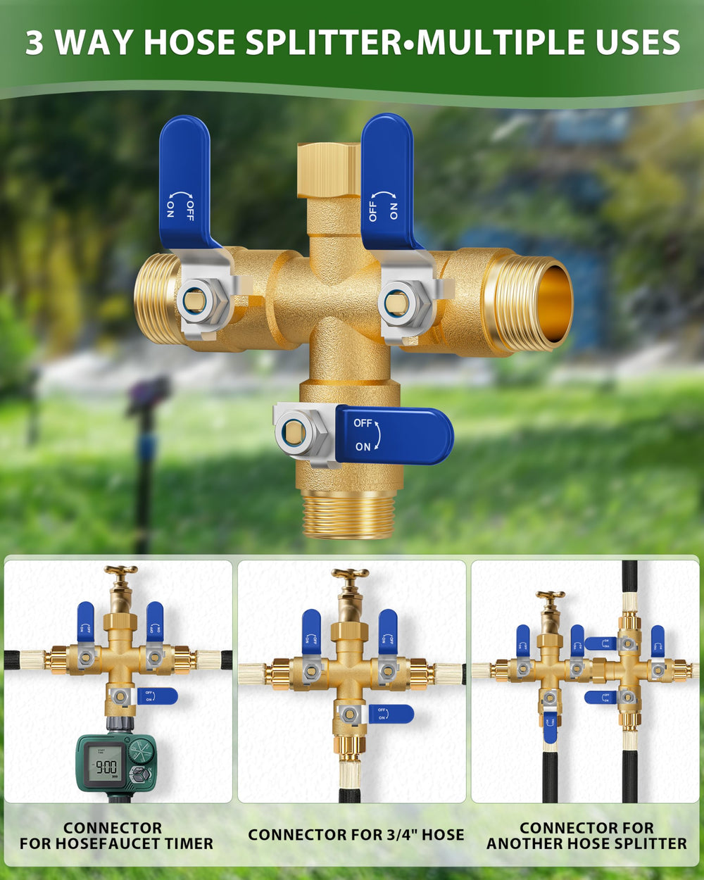 ZaakWang faucet-mounted splitter in garden showing in-use benefit simultaneous watering