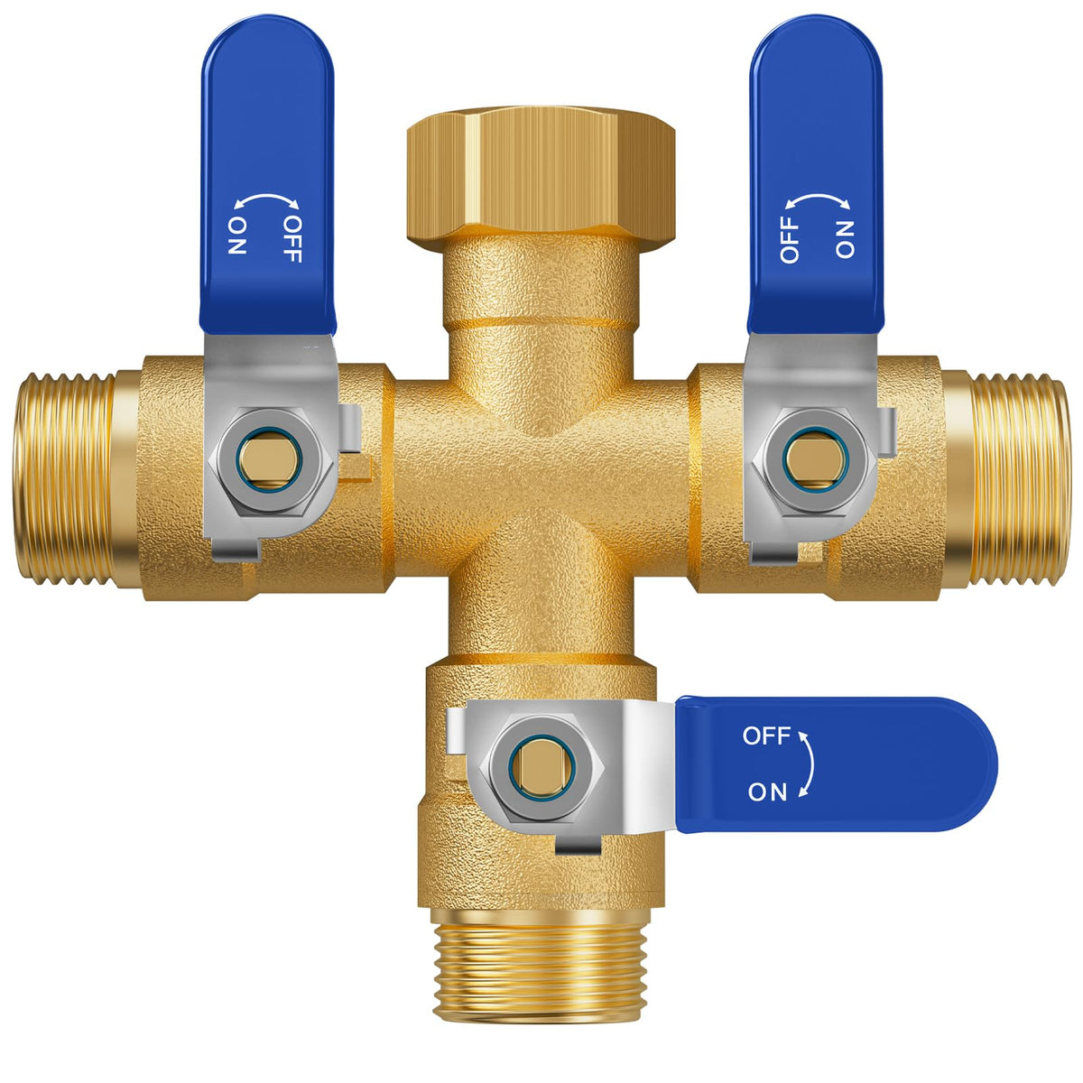 ZaakWang front view of blue 3-way splitter showing three outlets and brass body benefit easy multi-hose use