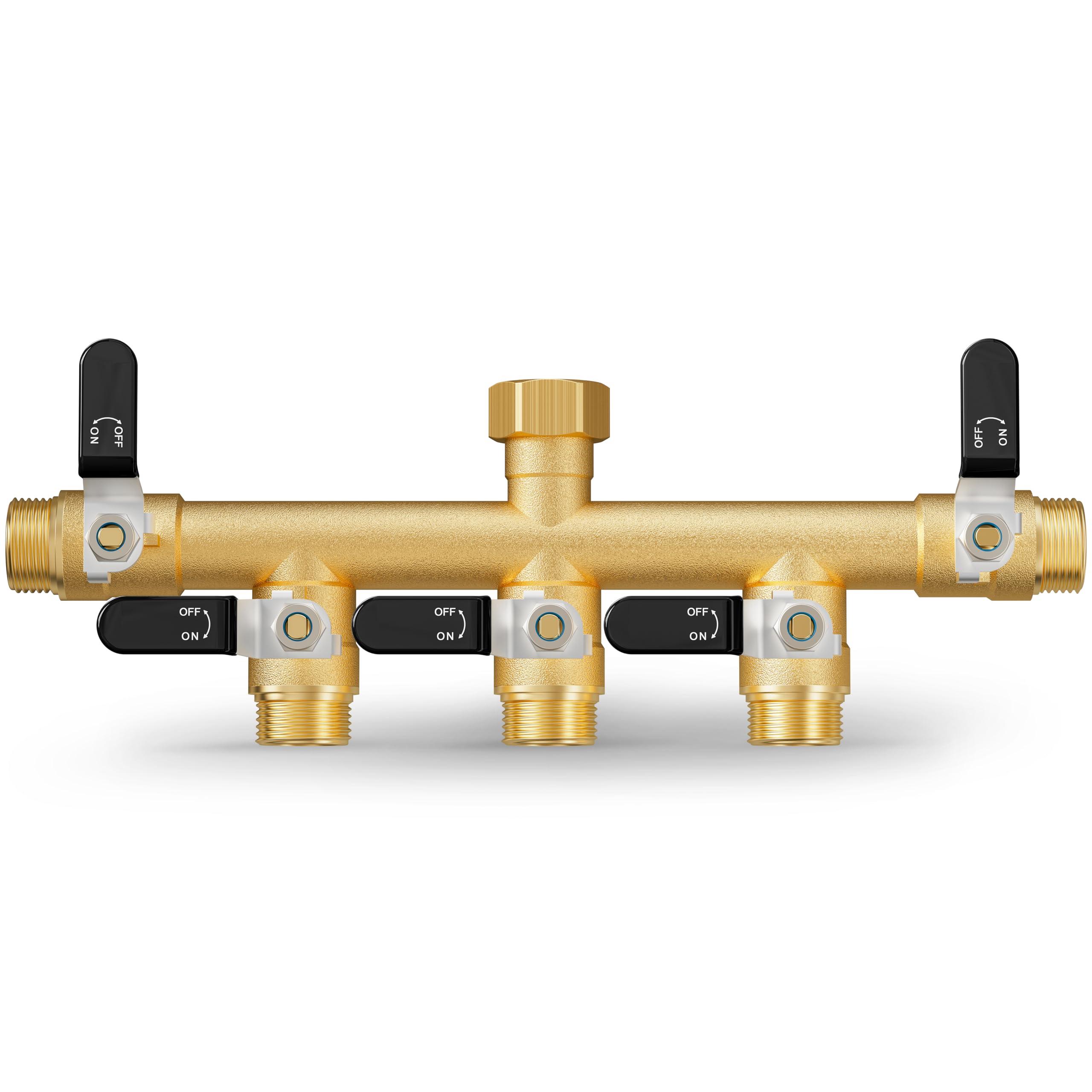 ZaakWang front view of 5-way brass splitter showing full-flow outlets and durable body benefit: reliable multi-hose use