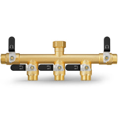 ZaakWang front view of 5-way brass splitter showing full-flow outlets and durable body benefit: reliable multi-hose use