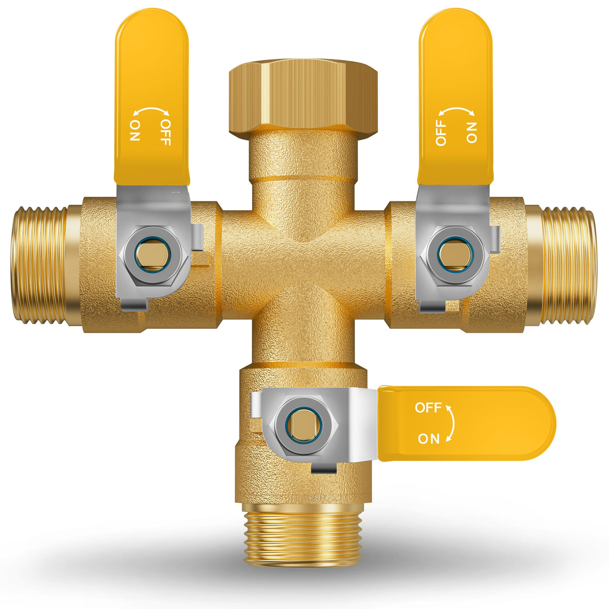 ZaakWang front view showing three outlets and sturdy brass body for reliable splitting