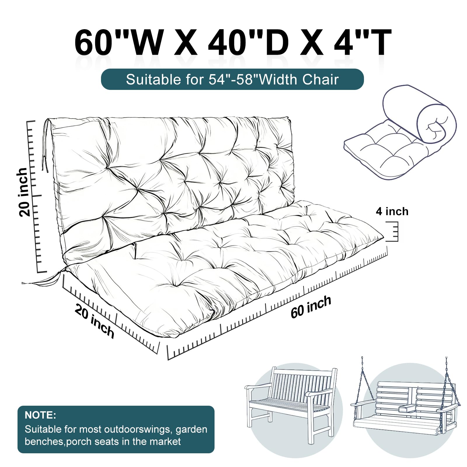 Zacammy cushion next to bench showing 60x40 inch size and fit