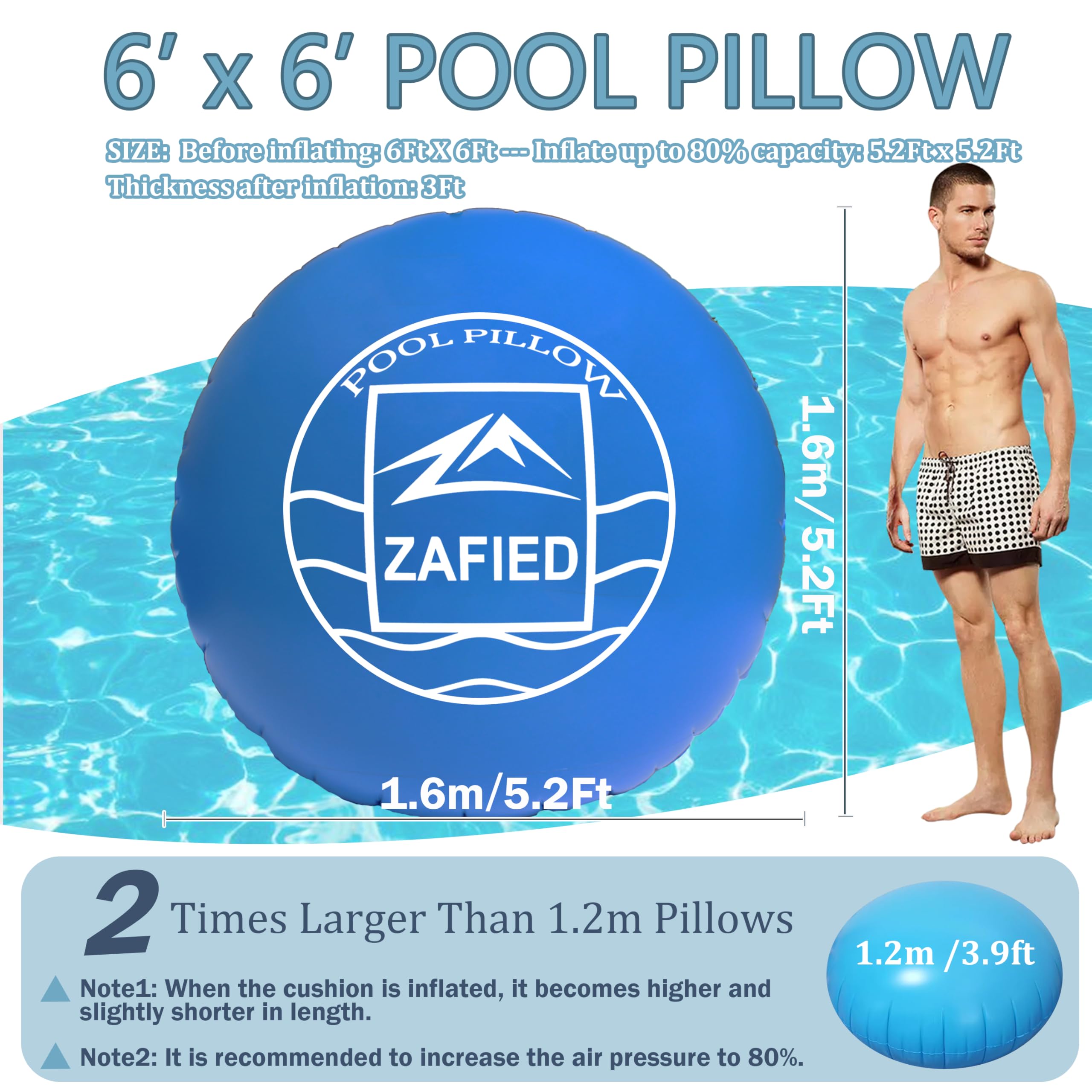 ZAFIED pool pillow next to tape measure showing exact 6 foot scale