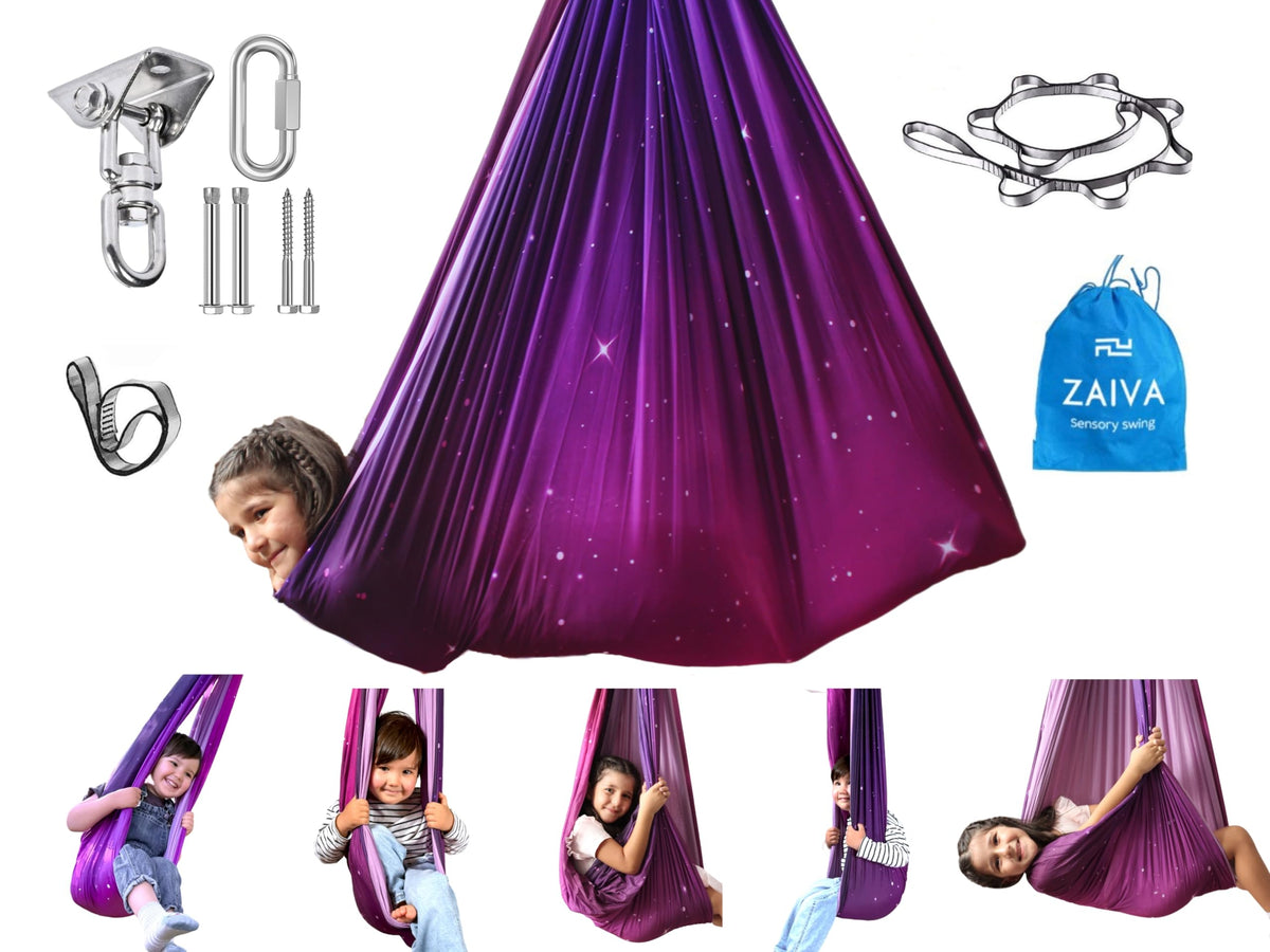 Zaiva sensory swing front view showing cocoon shape and cozy comfort
