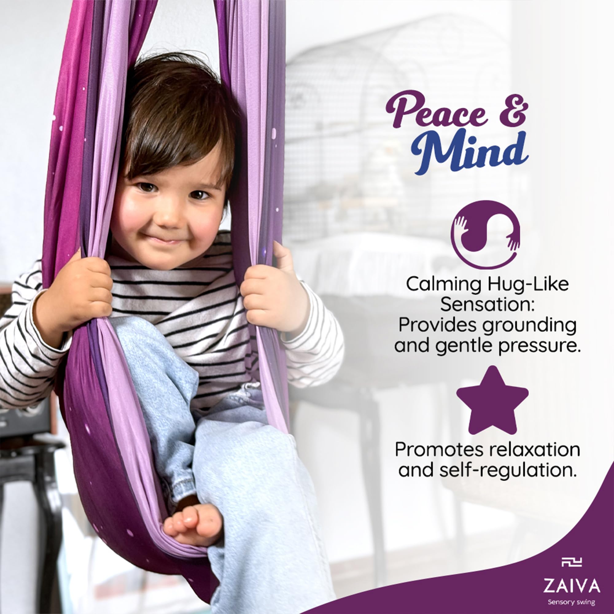 Zaiva swing mounted from ceiling demonstrating secure installation and safe use
