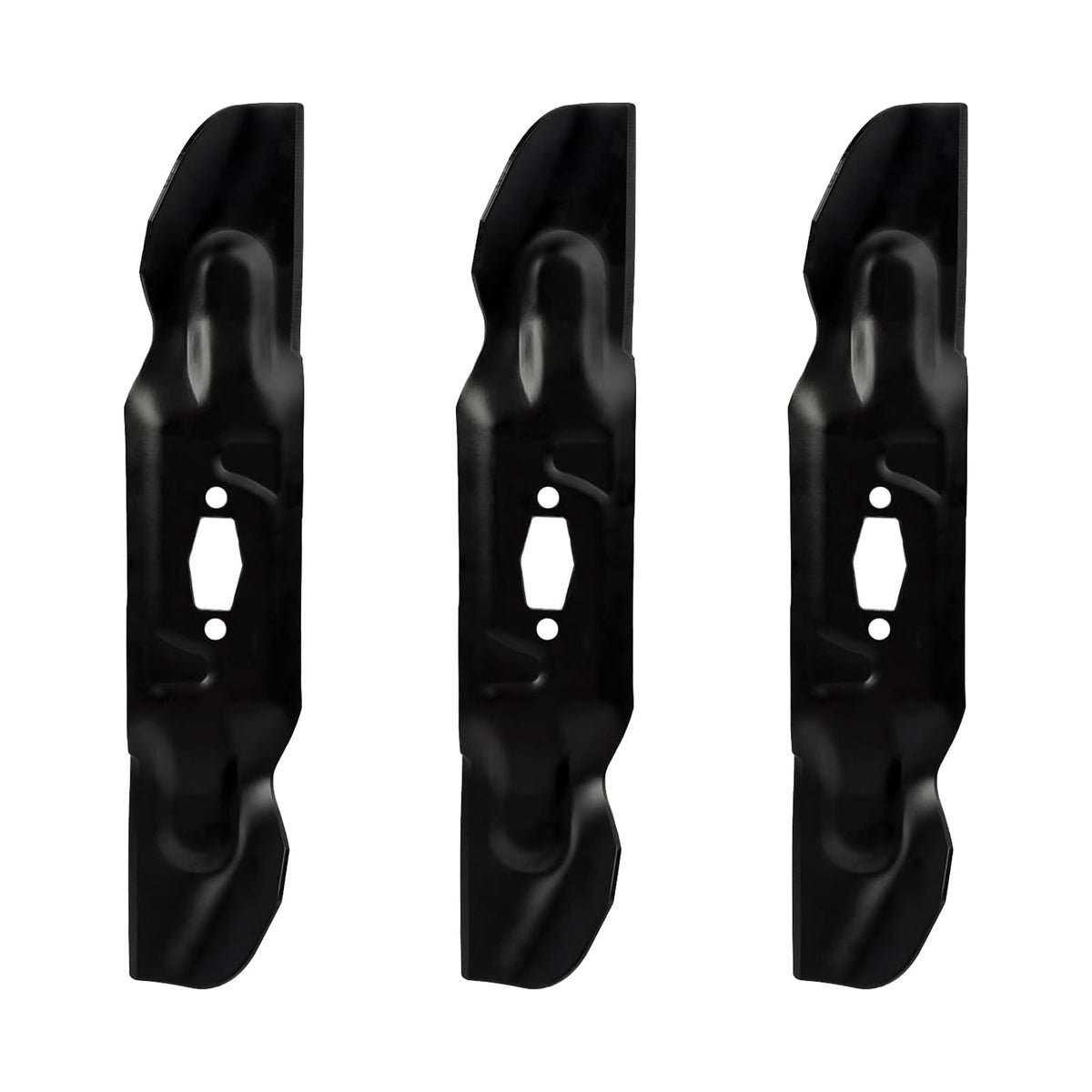 ZALANA blade front view showing 3-pack and fit for 50-inch deck, durable steel