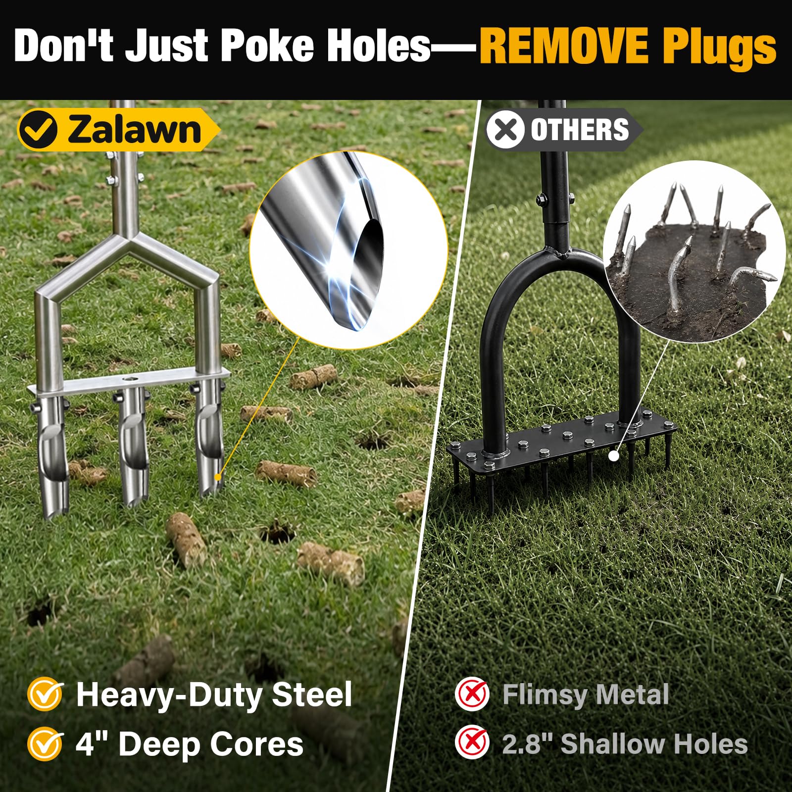 Zalawn aerator in use on lawn demonstrating easy manual core extraction