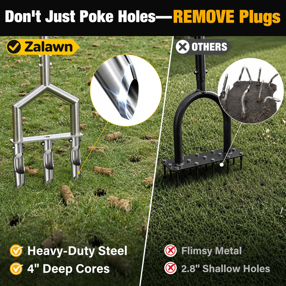 Zalawn aerator in use on lawn demonstrating easy manual core extraction