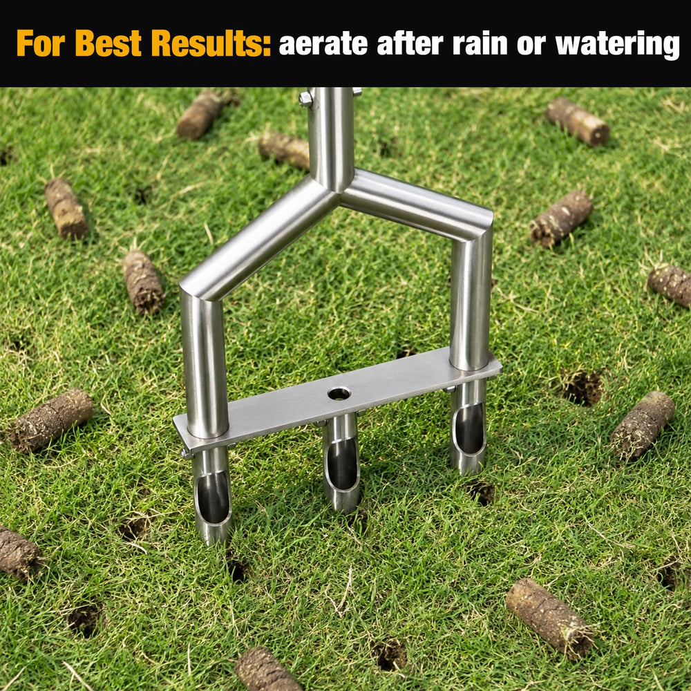 Zalawn closeup of three hollow tines highlighting non‑clog soil removal benefit