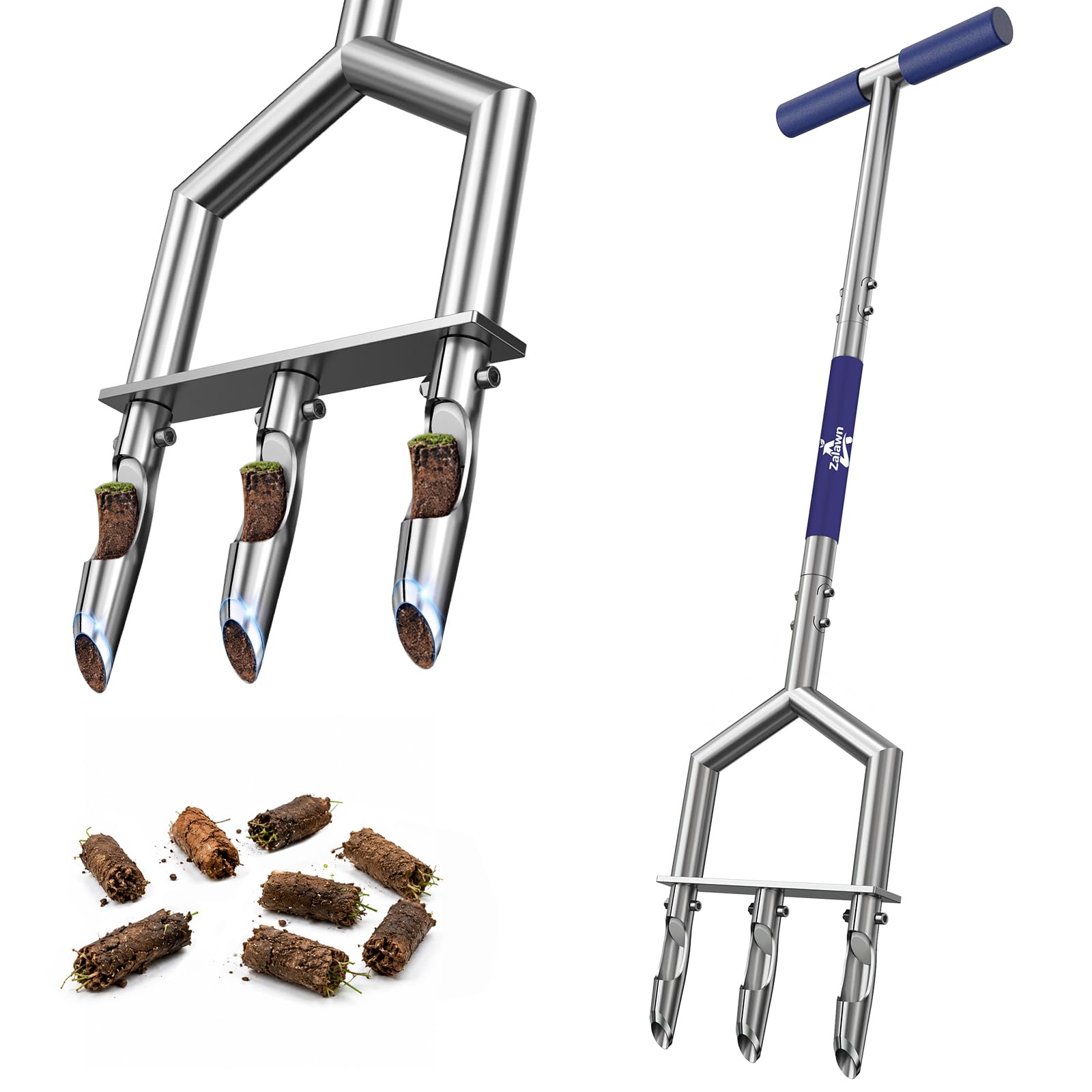 Zalawn front view of blue core aerator showing overall tool and balance benefits