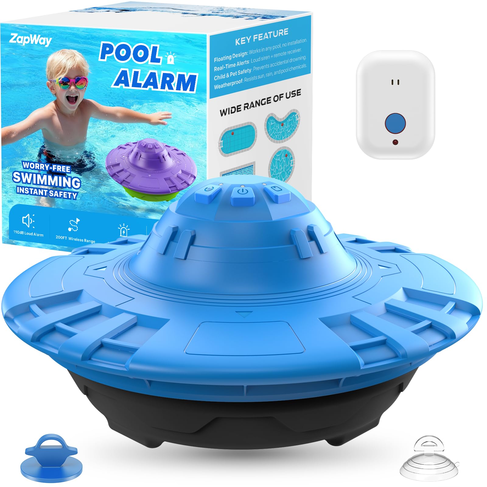 ZapWay front view floating alarm showing visibility and quick alert benefit