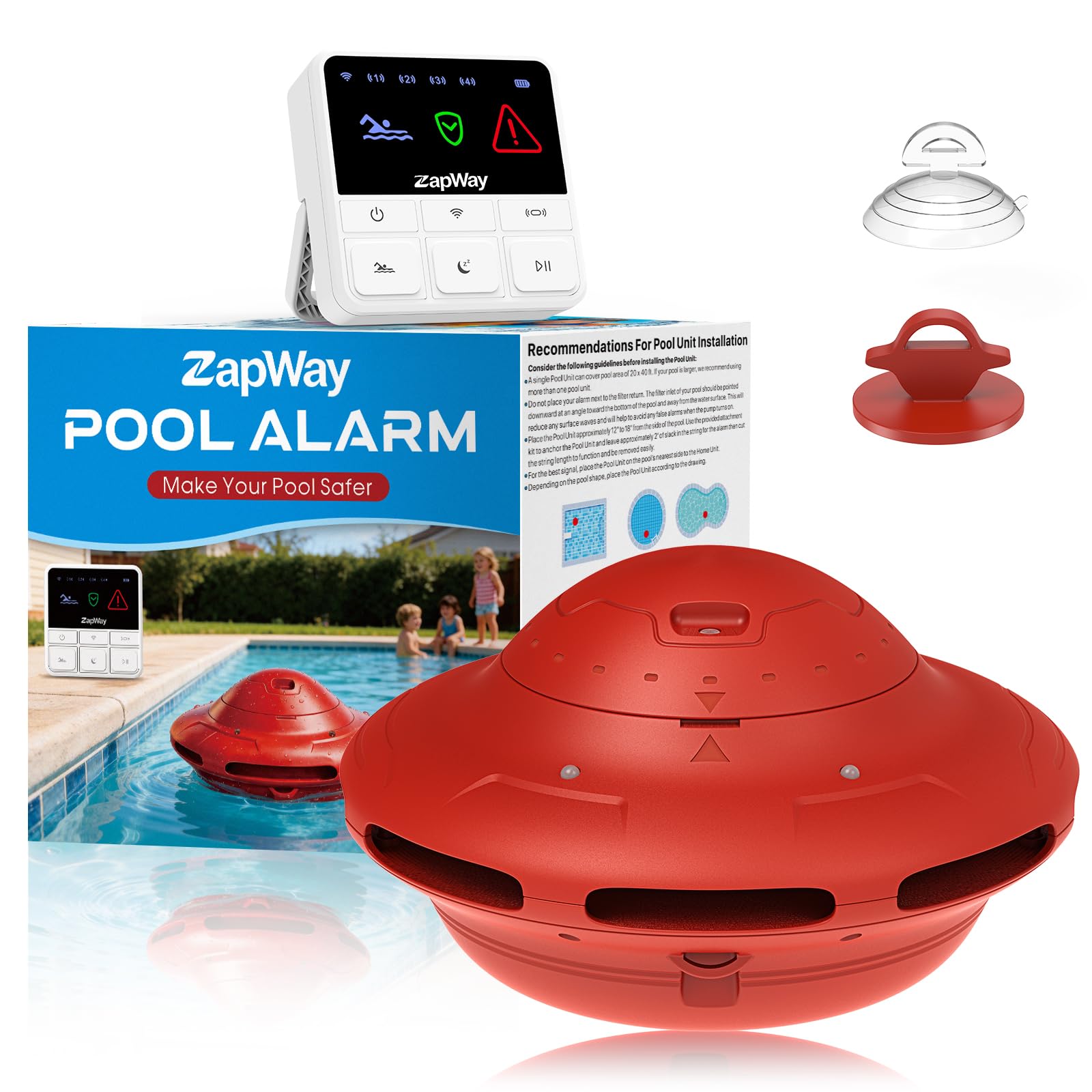 ZapWay front view of pool alarm showing buttons and alert lights for easy monitoring