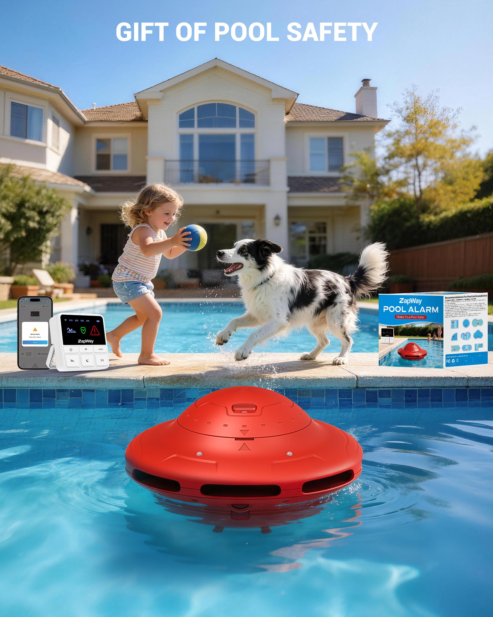 ZapWay lifestyle shot at backyard pool showing alarm in place and enhanced peace of mind