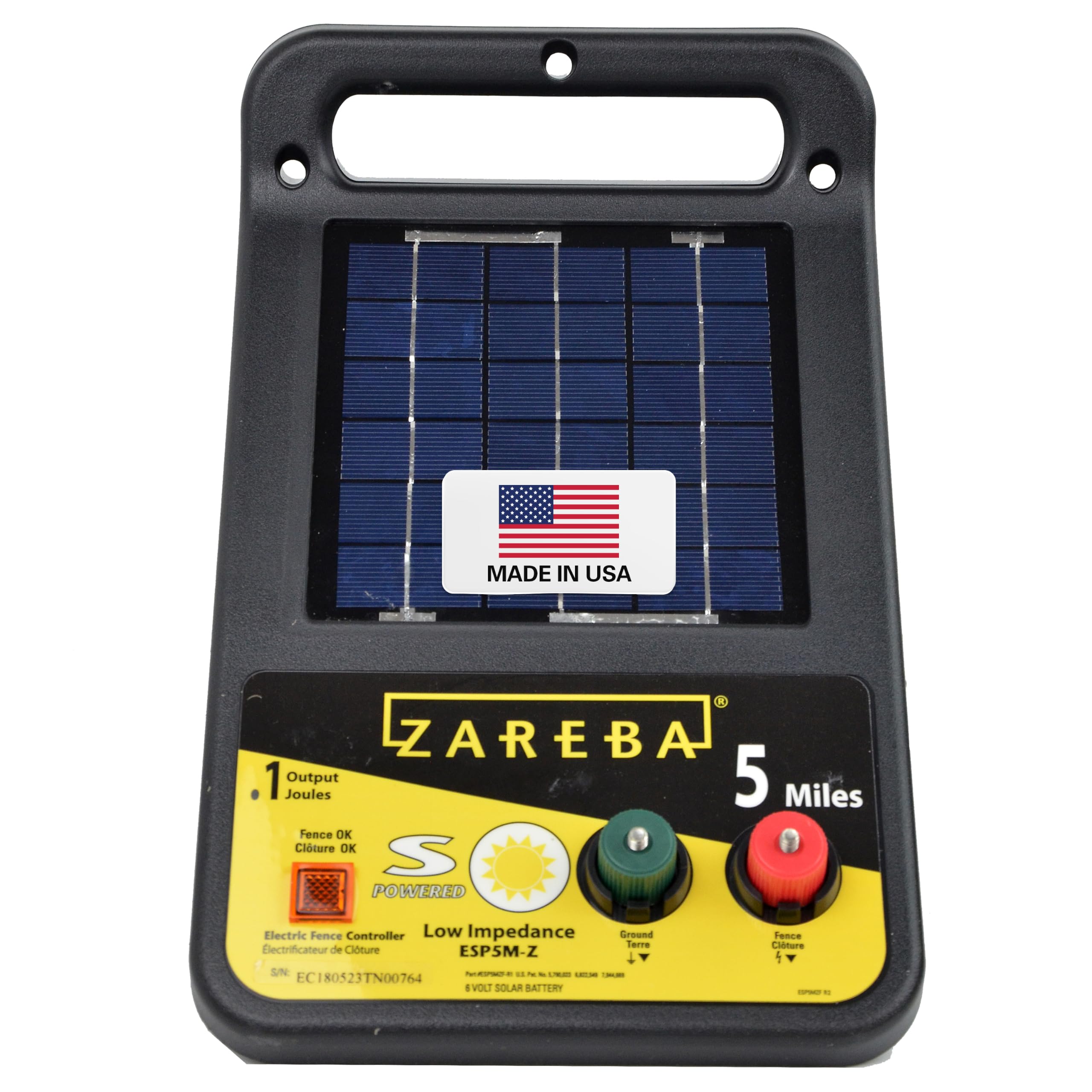 Zareba ESP5M-Z front view showing compact charger and mounting bracket, reliable containment