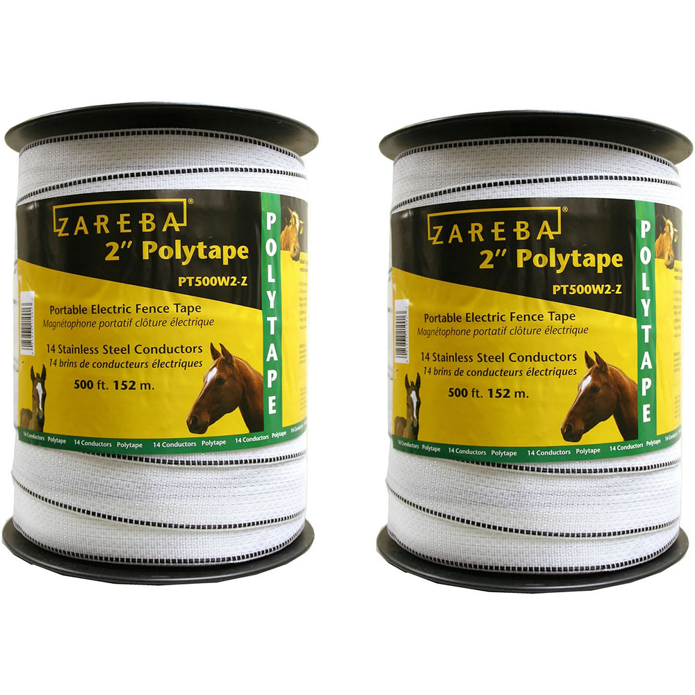 Zareba poly tape roll front view showing white 2-inch tape and visibility benefit
