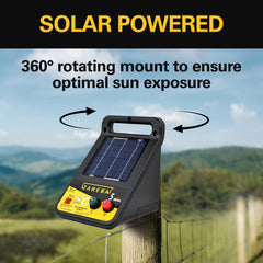 Zareba solar panel close-up with rotating mount, improves sun tracking and charge
