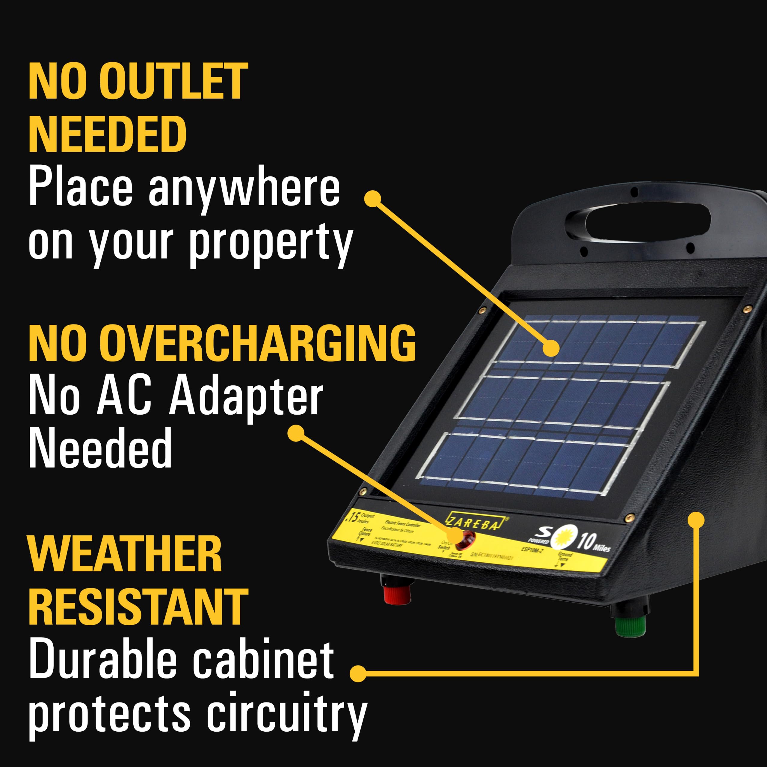 Zareba weatherproof housing detail protecting electronics in harsh conditions