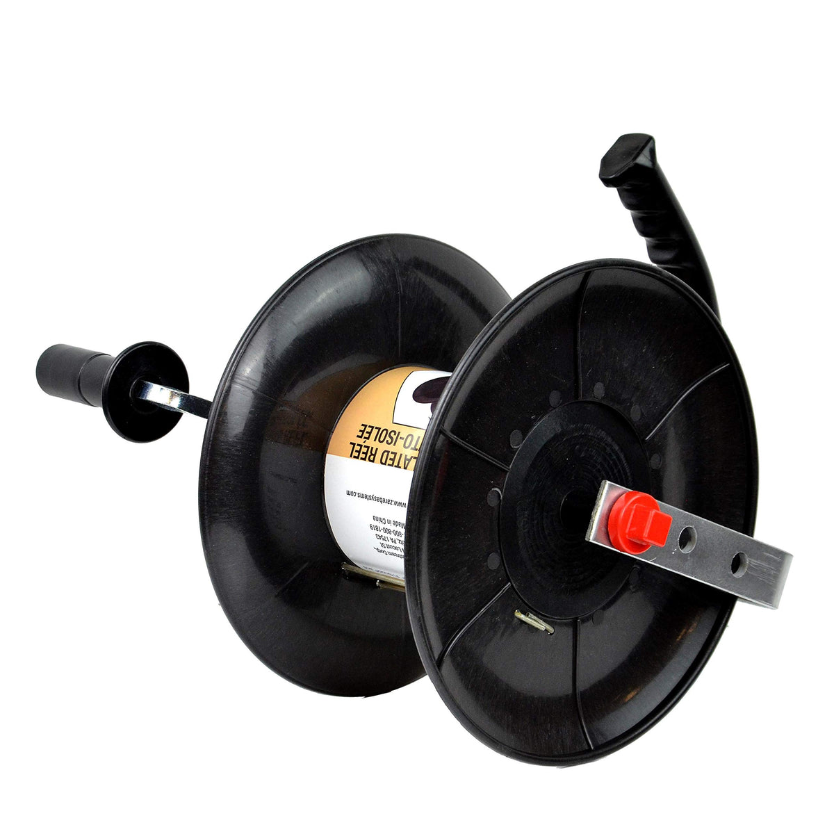 Zareba wire reel front view showing handle and easy transport benefit