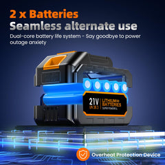 ZARIMI two batteries and charger displayed conveying extended runtime and quick charging
