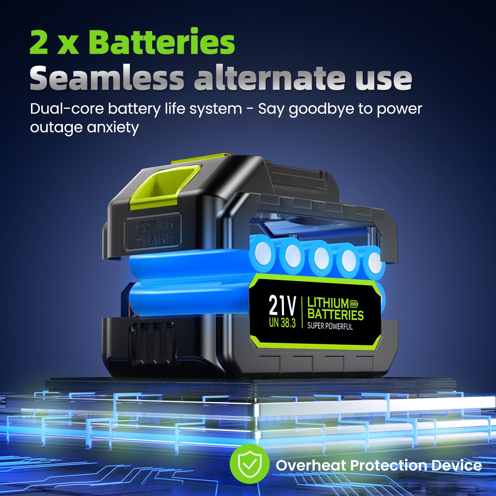 ZARIMI dual battery pack displayed to show extended runtime benefit