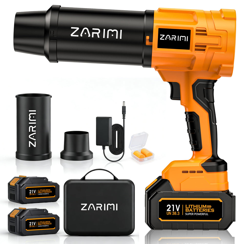 ZARIMI front view handheld blower showing compact orange housing and portability benefit