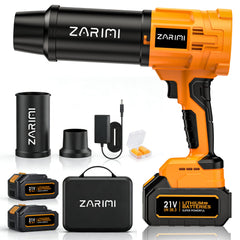 ZARIMI front view handheld blower showing compact orange housing and portability benefit