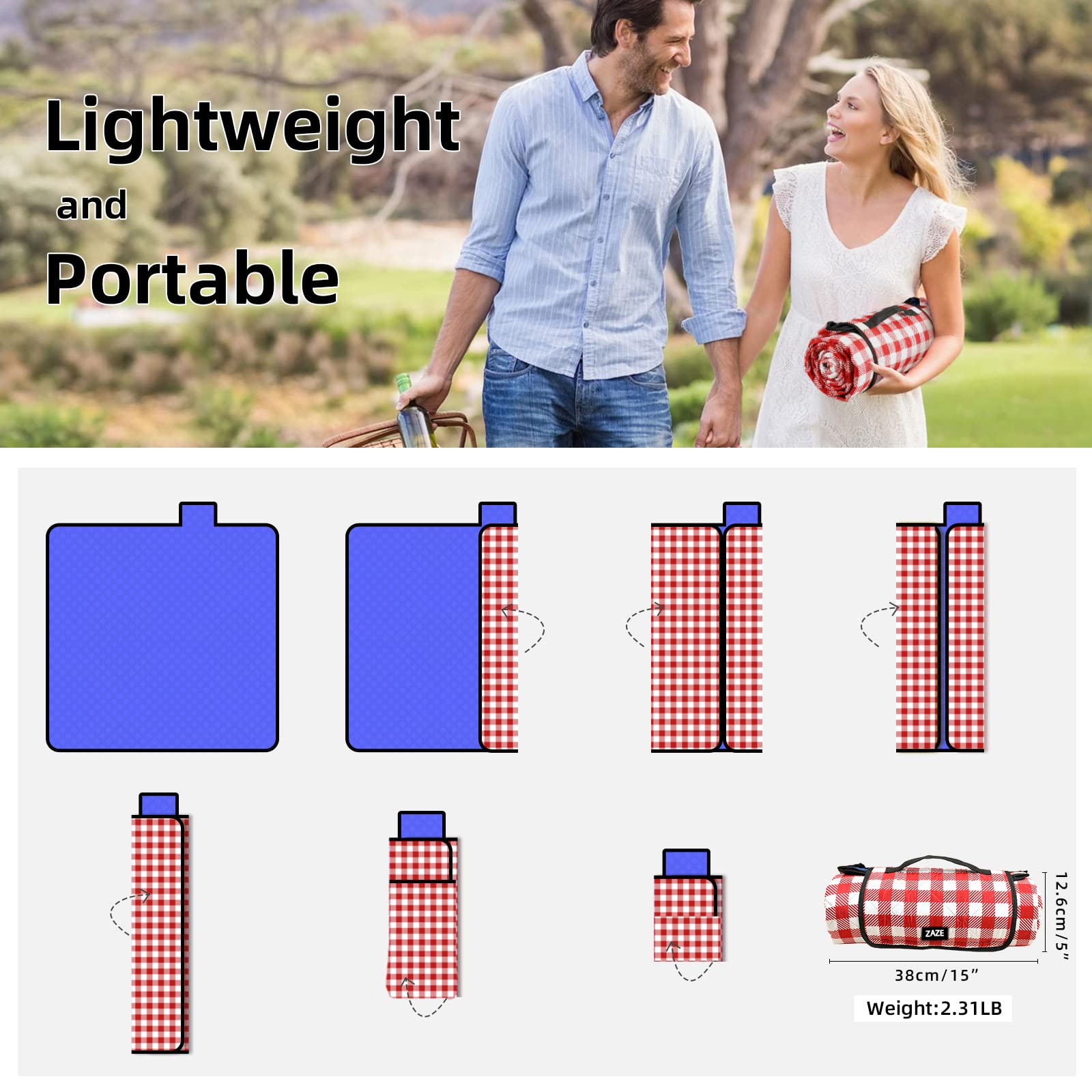 ZAZE folded compact blanket secured by velcro demonstrating portability
