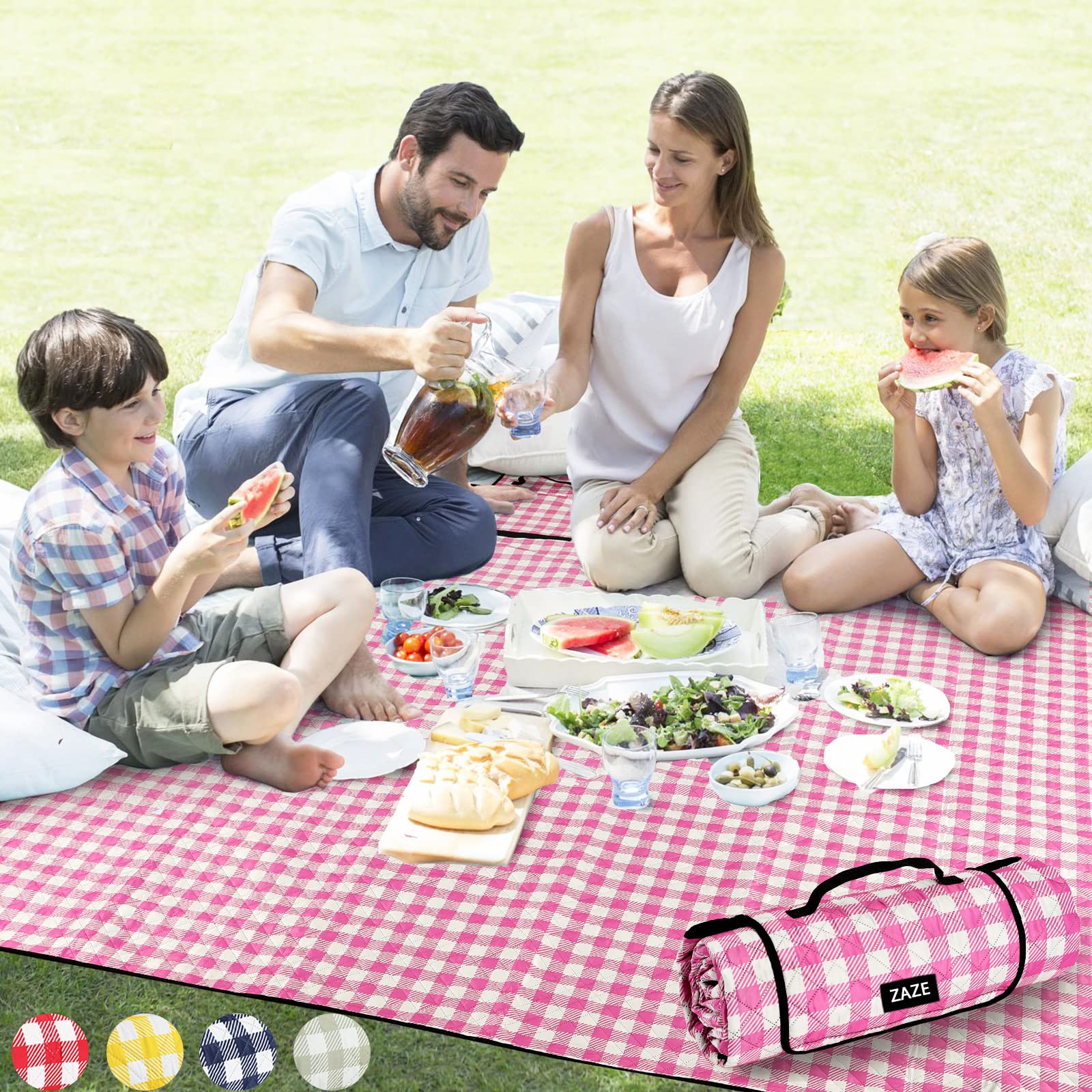 ZAZE front view picnic blanket showing pink-white pattern and roomy seating benefit