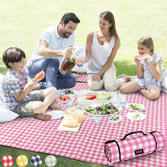 ZAZE front view picnic blanket showing pink-white pattern and roomy seating benefit