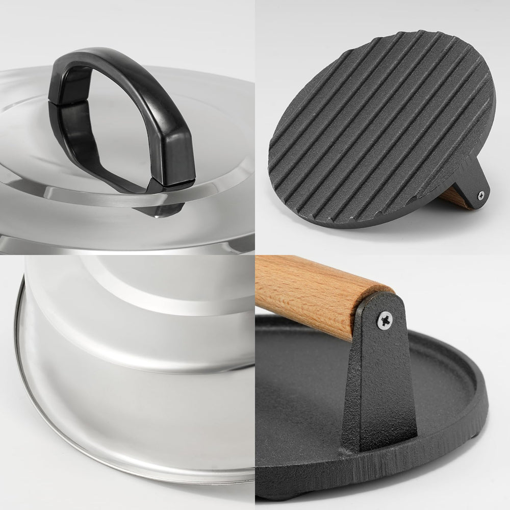 ZBXFCSH press flattening bacon on griddle showing crisper texture benefit