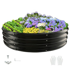 zbzbml front view of round galvanized garden bed showing sturdy perimeter and contained soil