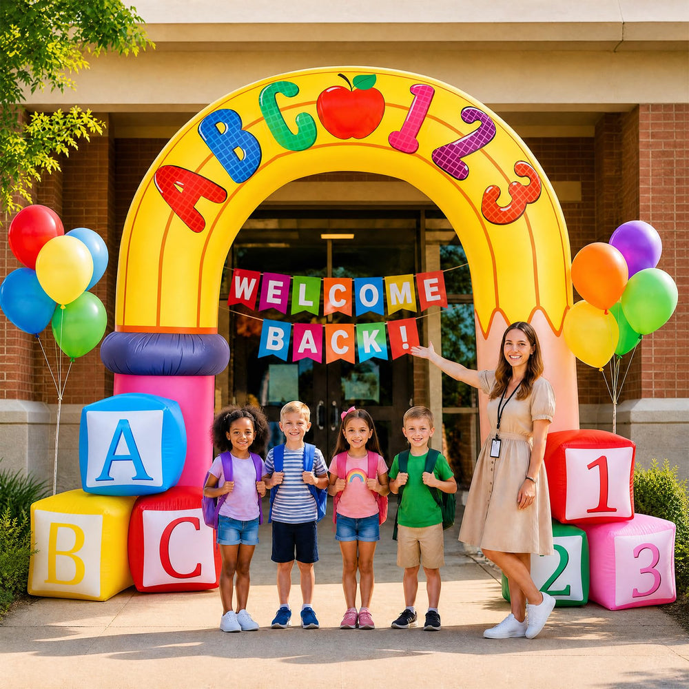 ZeahVeyora front view of inflated arch creating a photo-ready school entrance