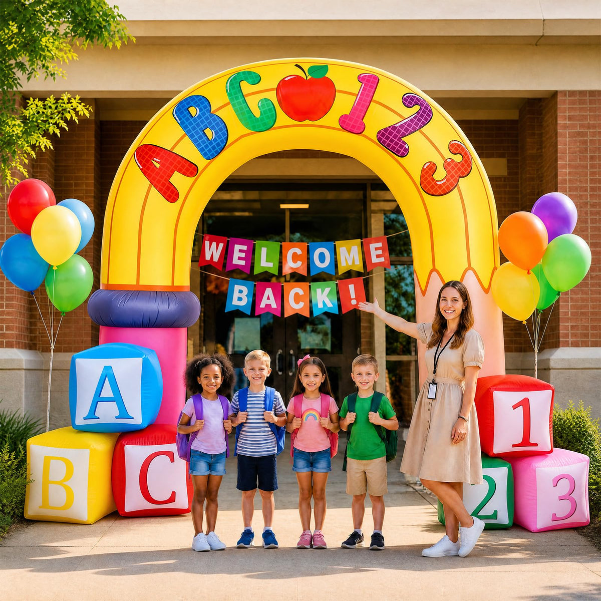 ZeahVeyora front view of inflated arch creating a photo-ready school entrance