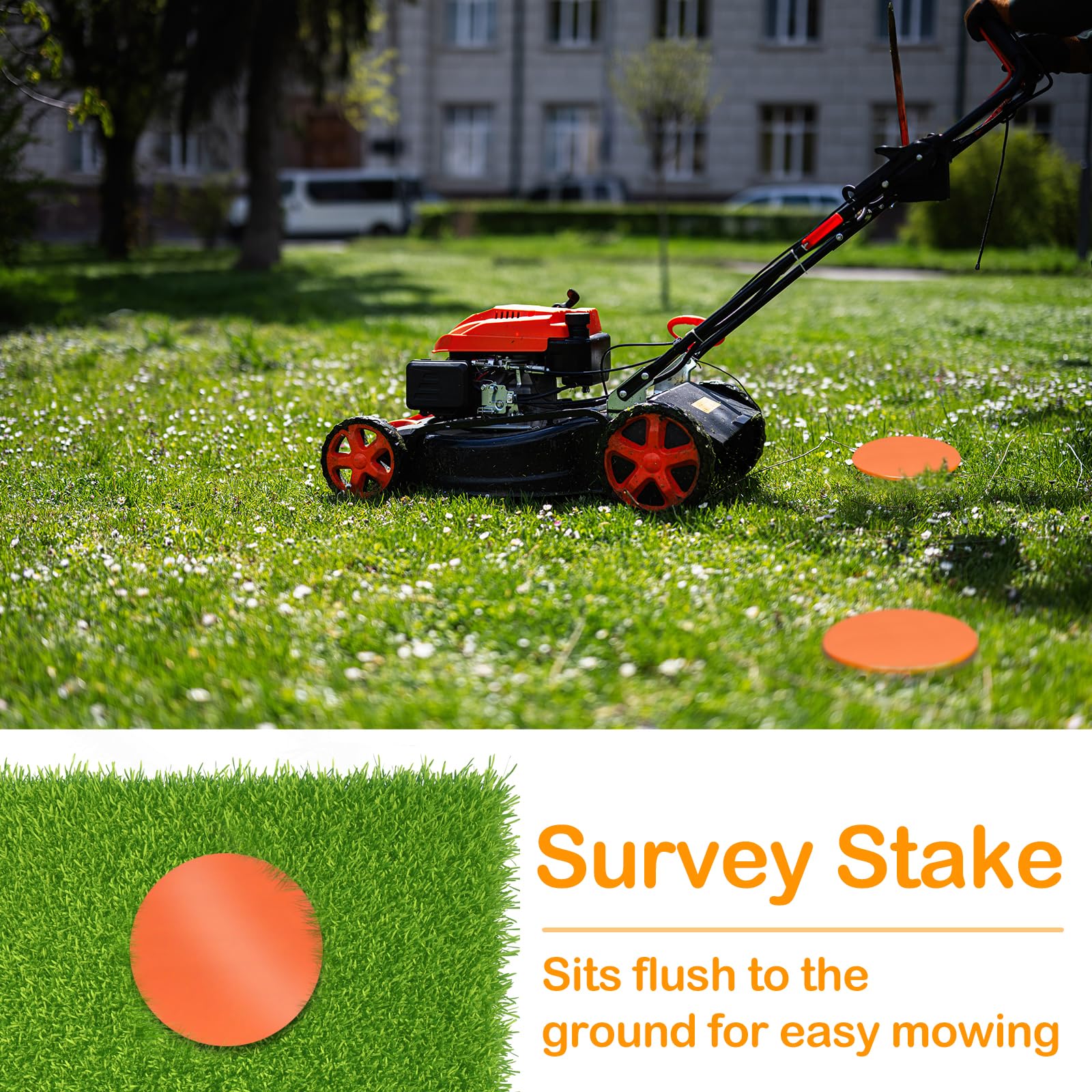 Zealor stake next to lawn mower showing flush installation prevents snags